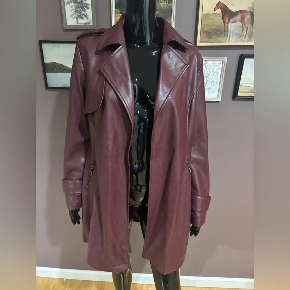 NWT-Bagatelle Open Front Faux Leather Trench Coat - Medium - Zinfandal - Picture 4 of 11